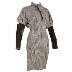 Vintage THIERRY MUGLER 90s Black and White Houndstooth Dress with Velvet 