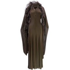 1970s Halston Sexy Jersey Halter Gown with Wrap Trimmed in Ostrich Feather 