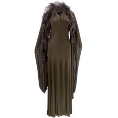 1970s Halston Sexy Jersey Halter Gown with Wrap Trimmed in Ostrich Feather 8