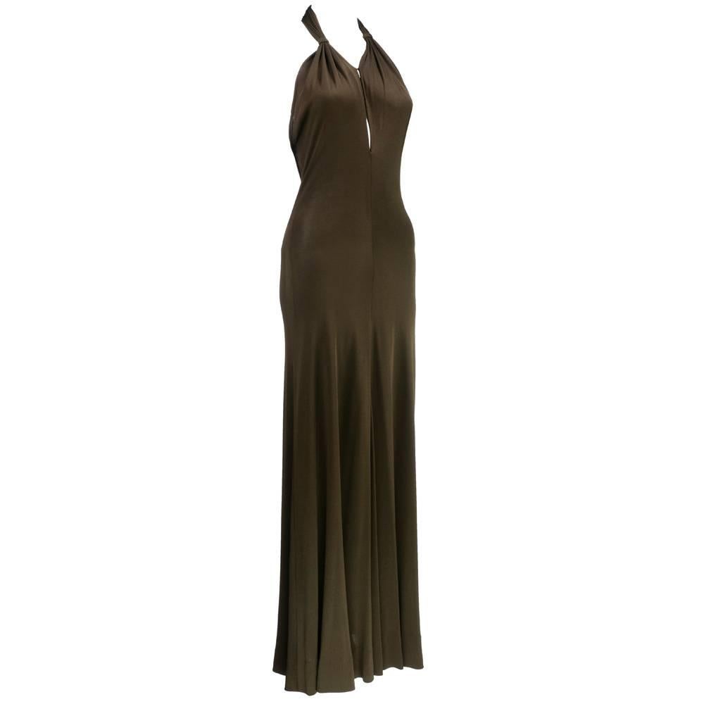 Black 1970s Halston Sexy Jersey Halter Gown with Wrap Trimmed in Ostrich Feather  For Sale