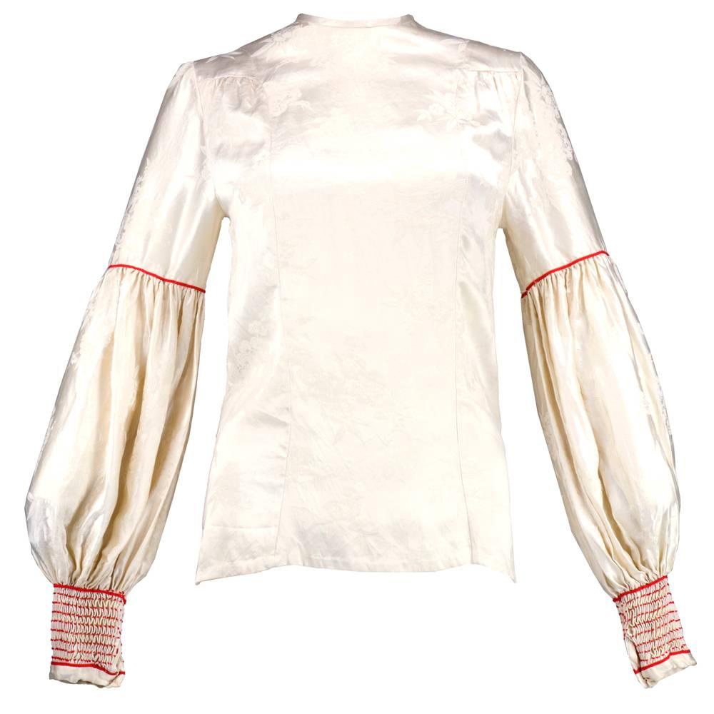 1970s Thea Porter Silk Jacquard Blouse w/Smocked Bishop Sleeves
