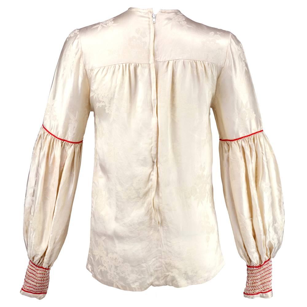 White 1970s Thea Porter Silk Jacquard Blouse w/Smocked Bishop Sleeves