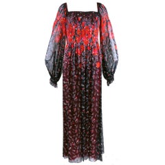 Retro 70s Jean Louis Haute Hippie Chiffon Floral Maxi Dress