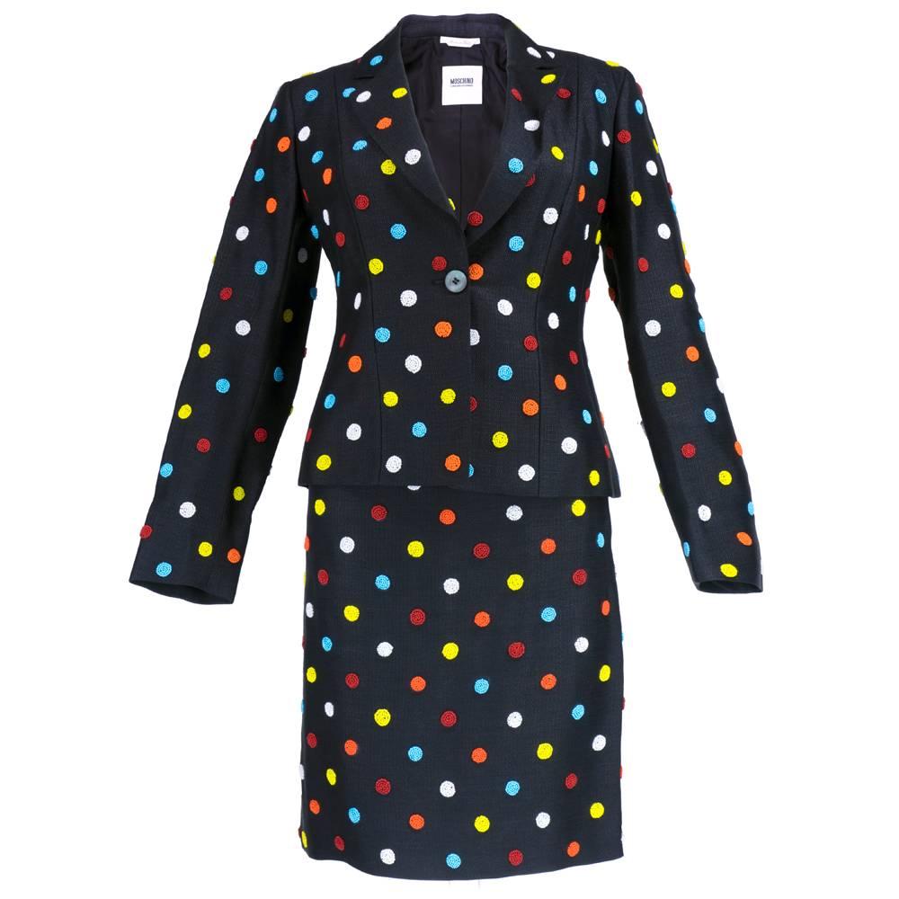 Moschino 90s Black Suit with Multi-Color Beaded Polka Dots For Sale