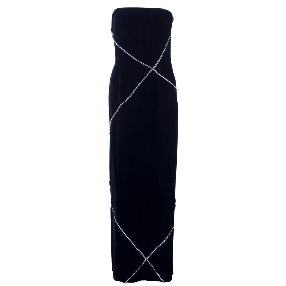 80s Bill Blass Black Velvet Strapless Gown Criss Crossed with Rhinestones For Sale
