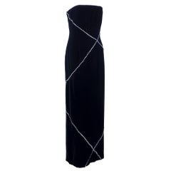 80s Bill Blass Black Velvet Strapless Gown Criss Crossed with Rhinestones