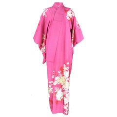 Pink Jacquard Japanese Kimono with Gold Embroidered Floral Print