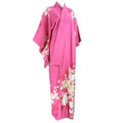 Pink Jacquard Japanese Kimono with Gold Embroidered Floral Print