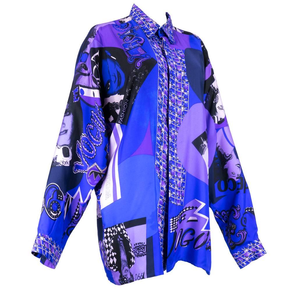 Iconic piece by Italian Fashion god Gianni Versace circa 1980s. Bold graphic fashion themed print in blues and purples.  Classic  oversized silhouette.