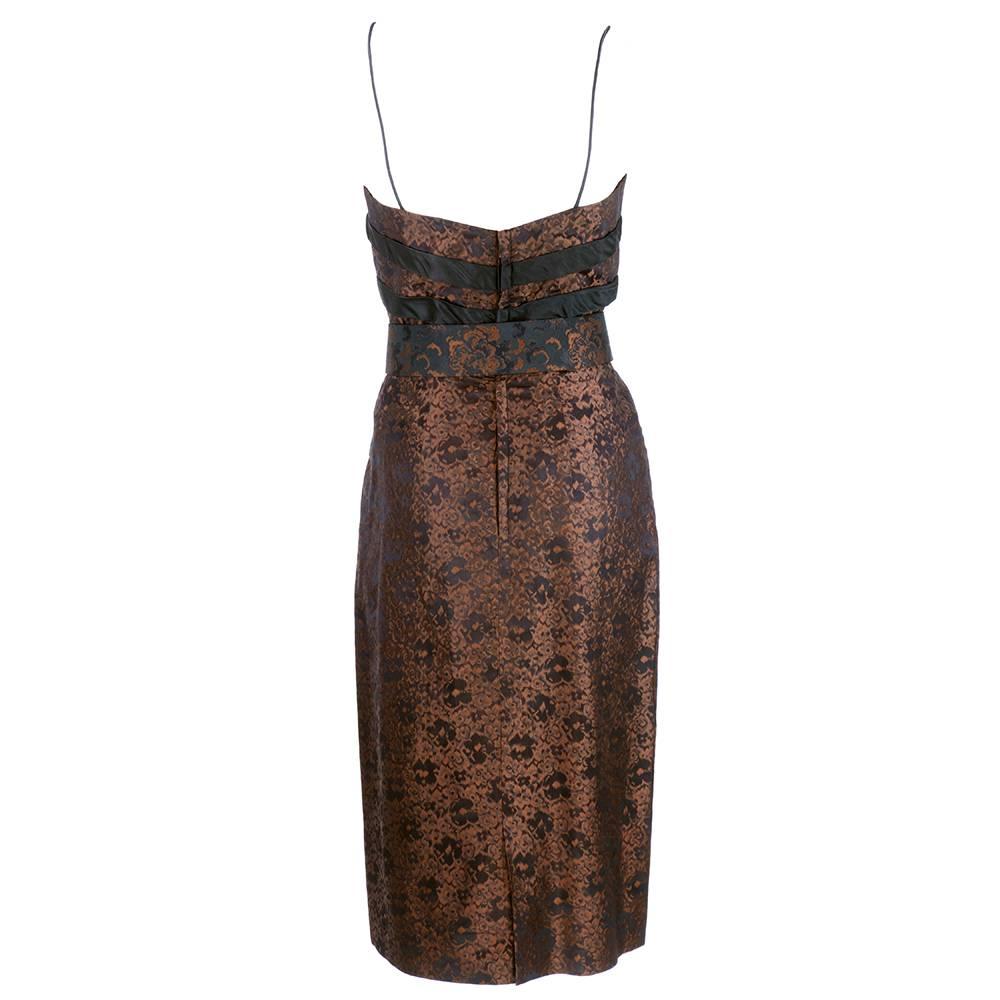 50s Don Loper Brown Floral Brocade Afternoon Dress In Excellent Condition For Sale In Los Angeles, CA