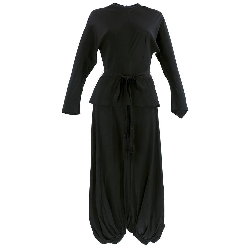 Incredible 70s Lanvin Black Silk Jumpsuit with Tassels