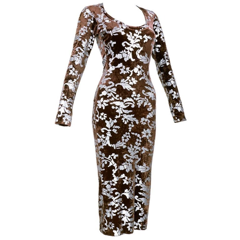 90s Vivienne Westwood Brown Bodycon Velvet Silver Stenciled Dress For ...