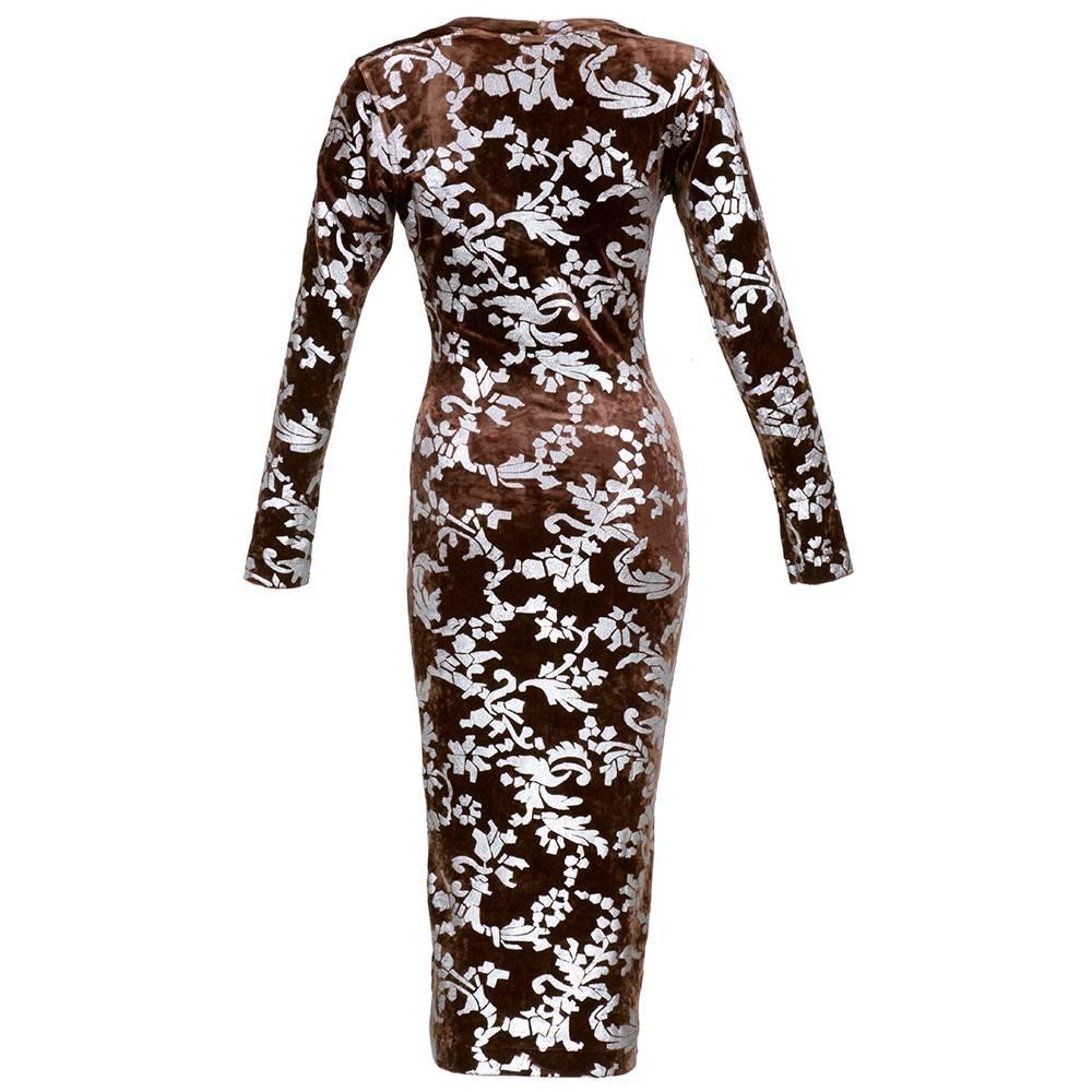 Black 90s Vivienne Westwood Brown Bodycon Velvet Silver Stenciled Dress For Sale