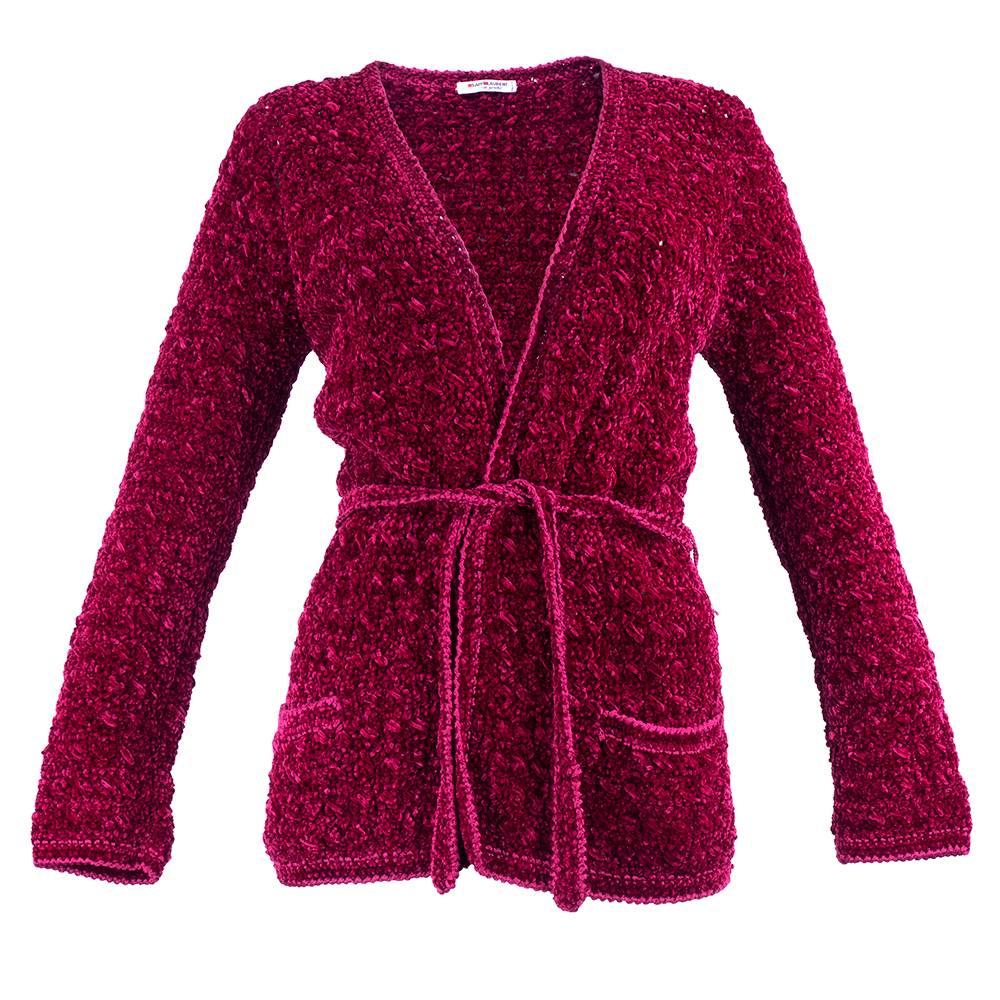 70s Saint Laurent Rive Gauche Rasberry Chenille Crochet Cardigan For Sale