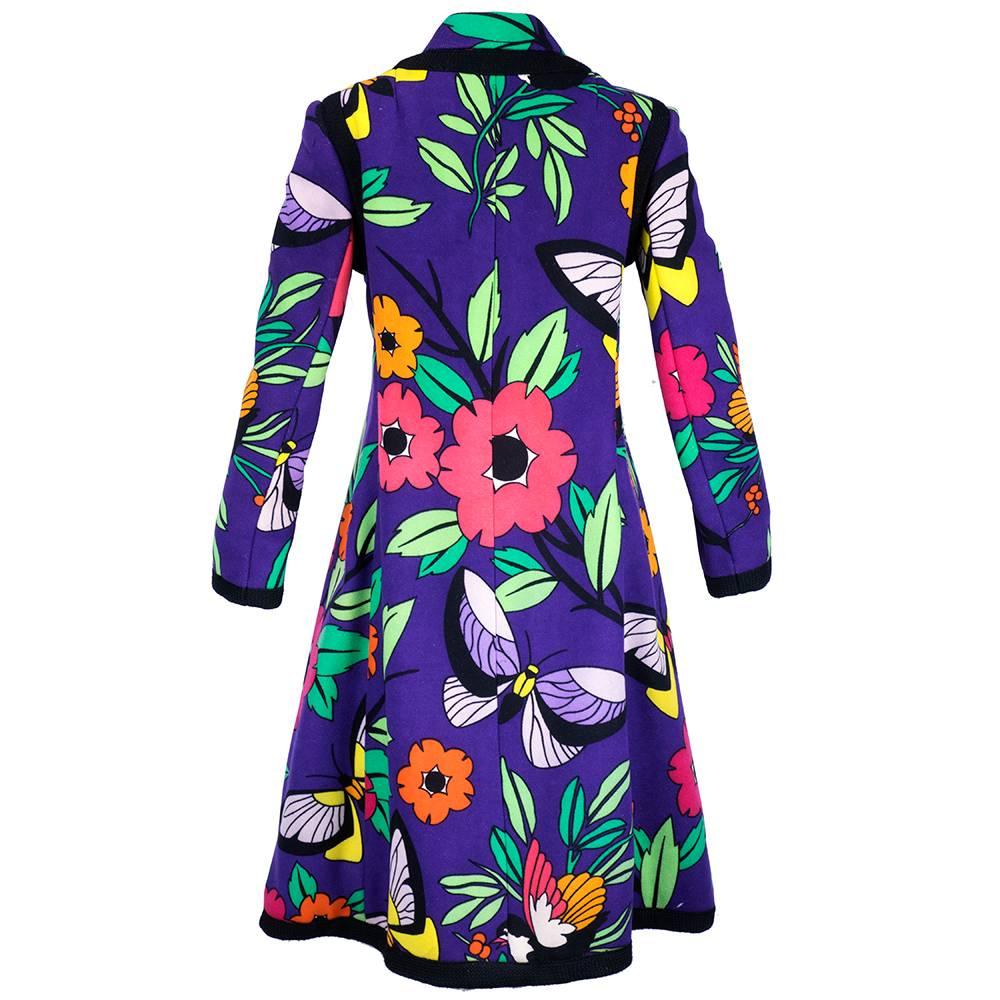 60s Donald Brooks Purple Butterfly Print Coat In Excellent Condition For Sale In Los Angeles, CA