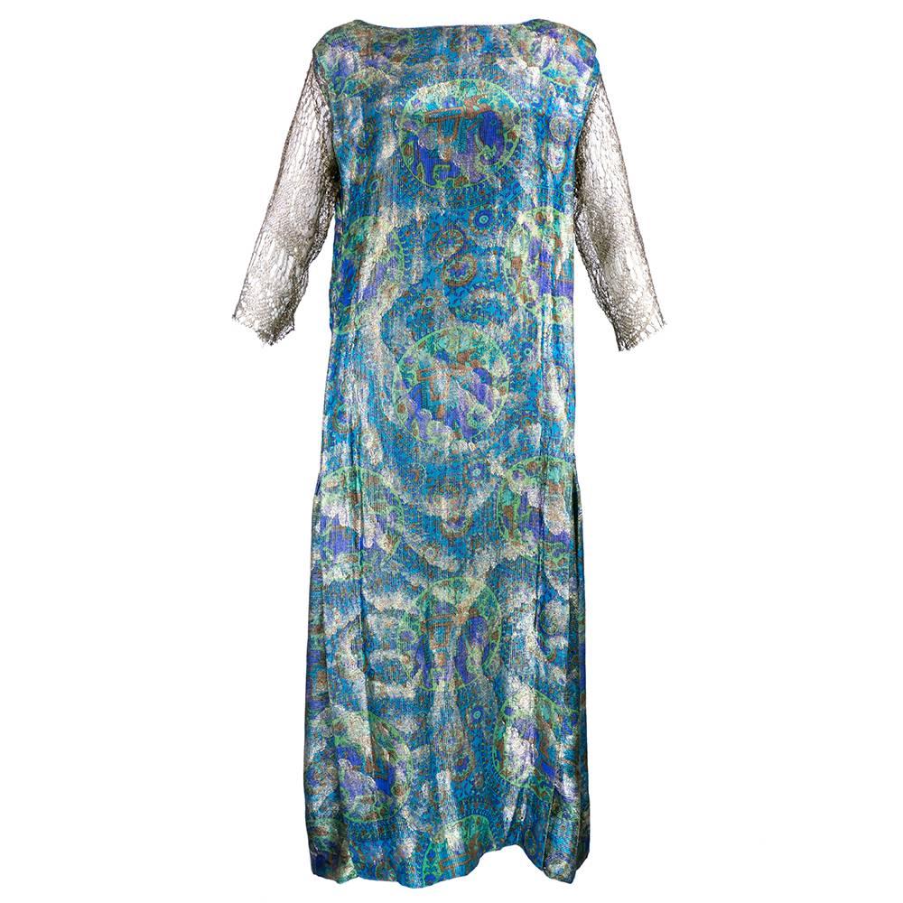 20s Blue Paisley Deco Lame Dress with Lace Trim For Sale
