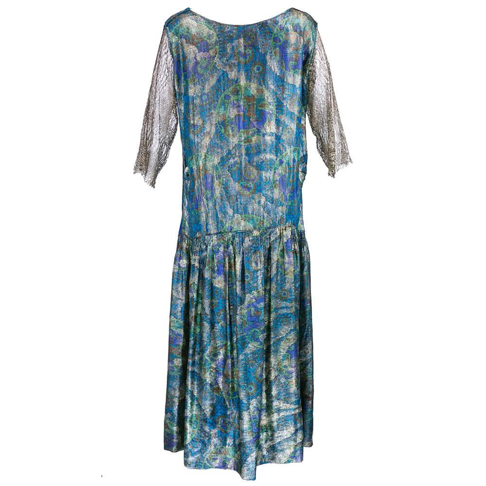 20s Blue Paisley Deco Lame Dress with Lace Trim In Excellent Condition For Sale In Los Angeles, CA