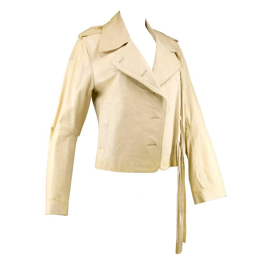 Beige 90s Ann Demeulemeester Ivory Leather Jacket with Long Ties