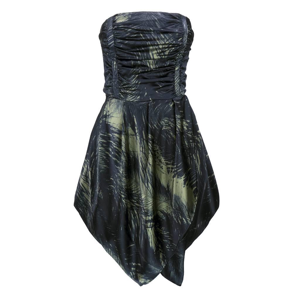 McQ by McQueen  Black Silk Feather Print Strapless Dress  For Sale