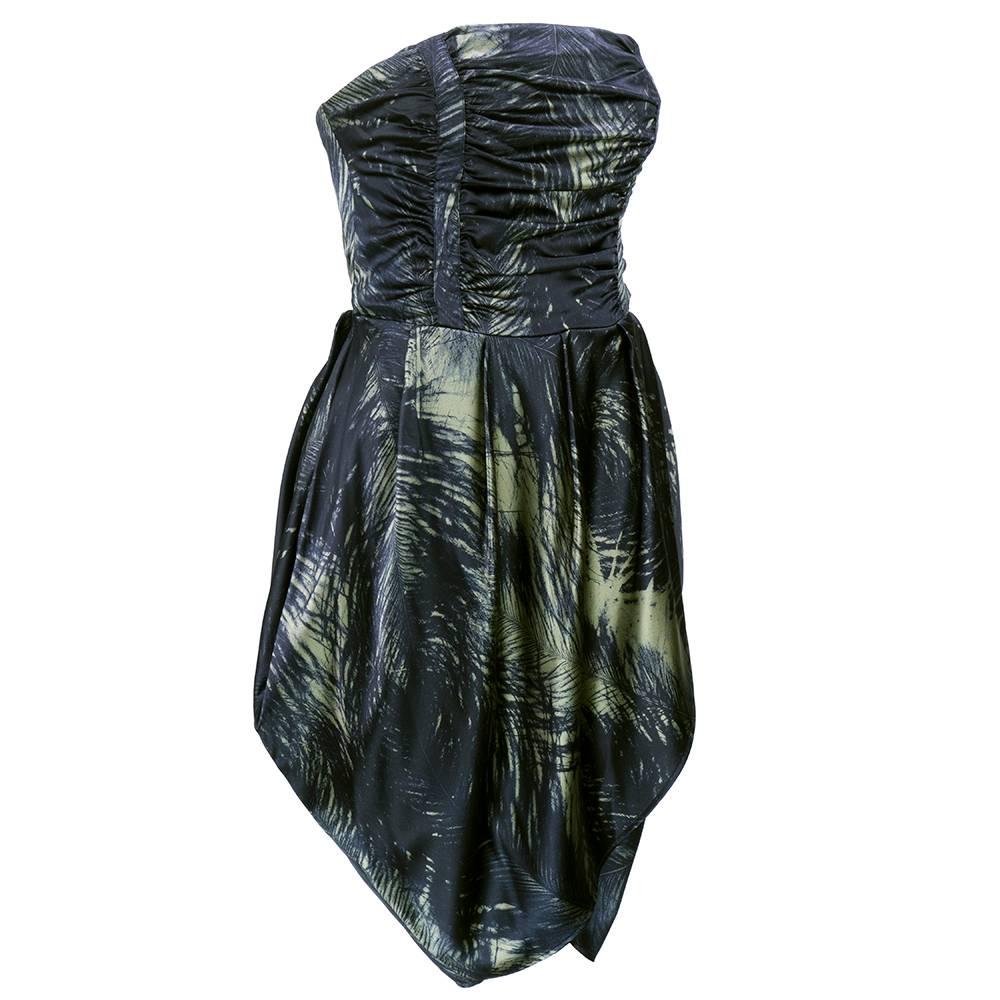 From McQueens secondary line - McQ. Silk blend satin finish fabric with painterly feather print. Shirred, strapless bodice with some boning and built in bra. Fully lined with petalled skirt. new with tags.