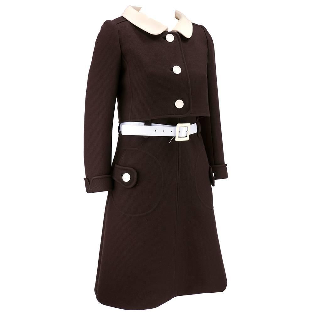 White 60s Courreges Ivory and Brown Mod Dress with Jacket For Sale
