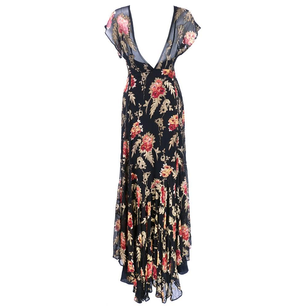 30s Black Silk Chiffon and Lame Floral Gown with 9 inch Train In Excellent Condition For Sale In Los Angeles, CA