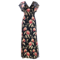 30s Black Silk Chiffon and Lame Floral Gown with 9 inch Train