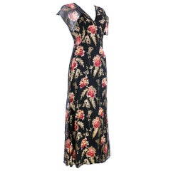 30s Black Silk Chiffon and Lame Floral Gown with 9 inch Train