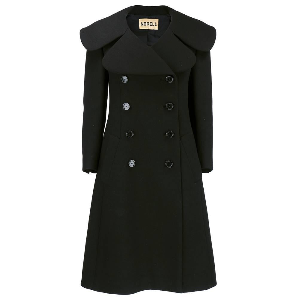 60s Norman Norell Black Double Breasted Overcoat For Sale