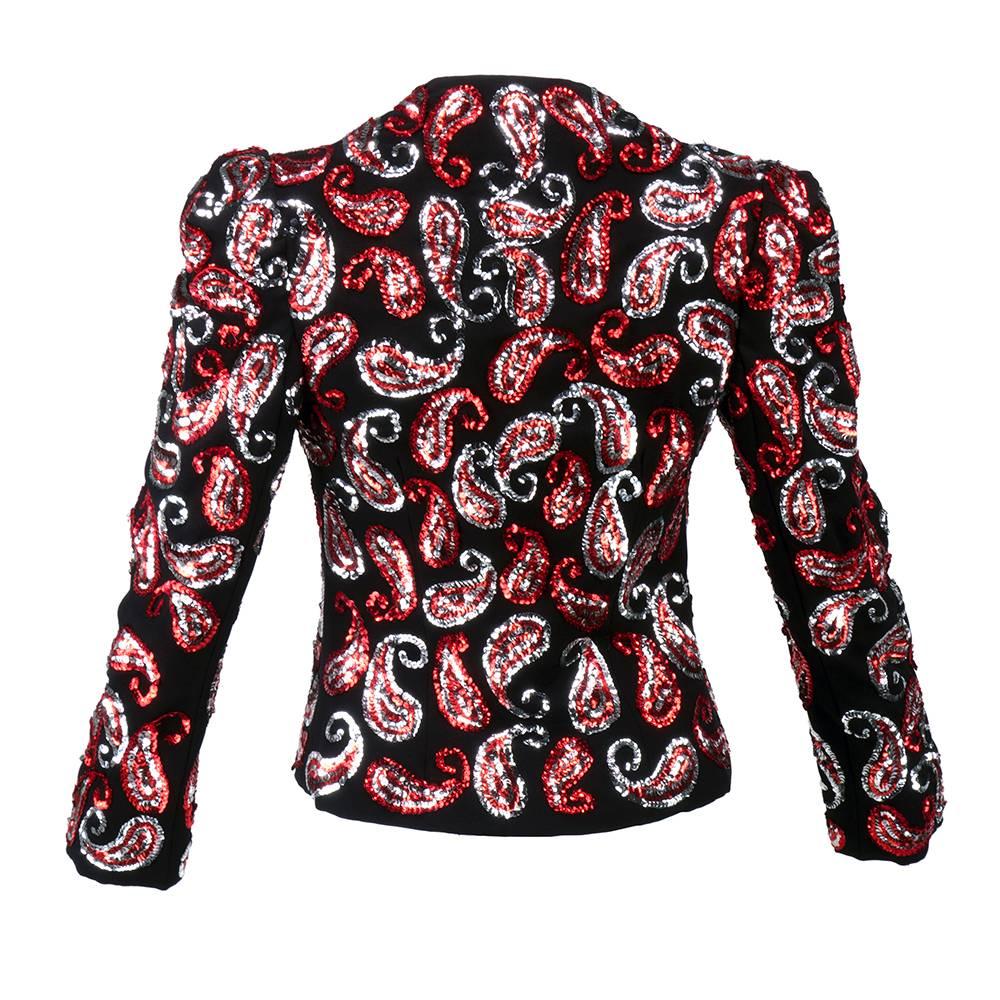 80s Scaasi Black Paisley Sequin Evening Jacket In Excellent Condition For Sale In Los Angeles, CA