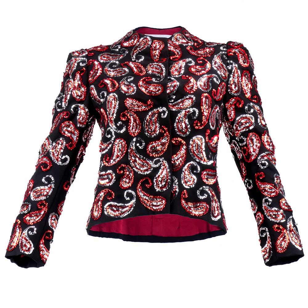 80s Scaasi Black Paisley Sequin Evening Jacket For Sale