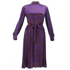 70s Christian Dior New York Brown and Purple Psychedelic Floral Pleated Dress