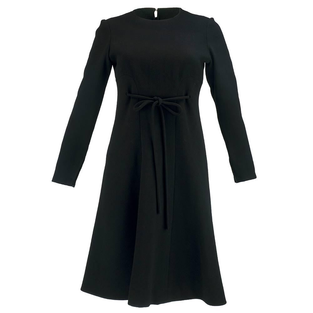 1971 Christian Dior. Haute Couture Black Wool Day Dress with Self Belt For Sale