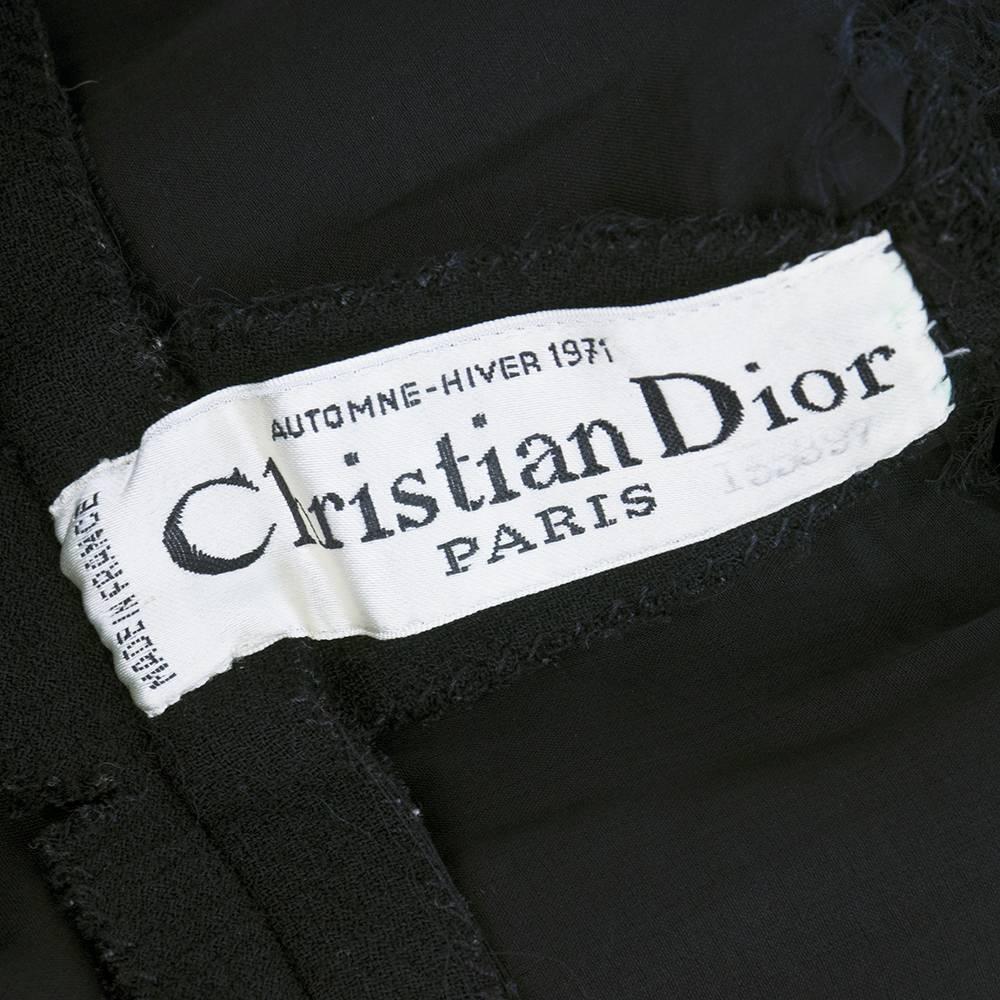 1971 Christian Dior. Haute Couture Black Wool Day Dress with Self Belt In Excellent Condition For Sale In Los Angeles, CA