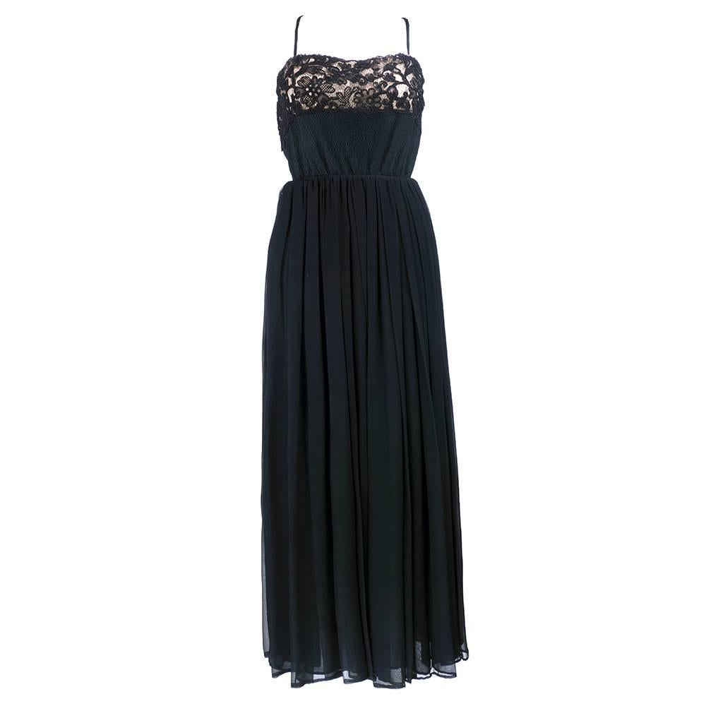 70s Galanos Black Chiffon and Lace Gown with Low Cut Back For Sale