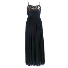 70s Galanos Black Chiffon and Lace Gown with Low Cut Back