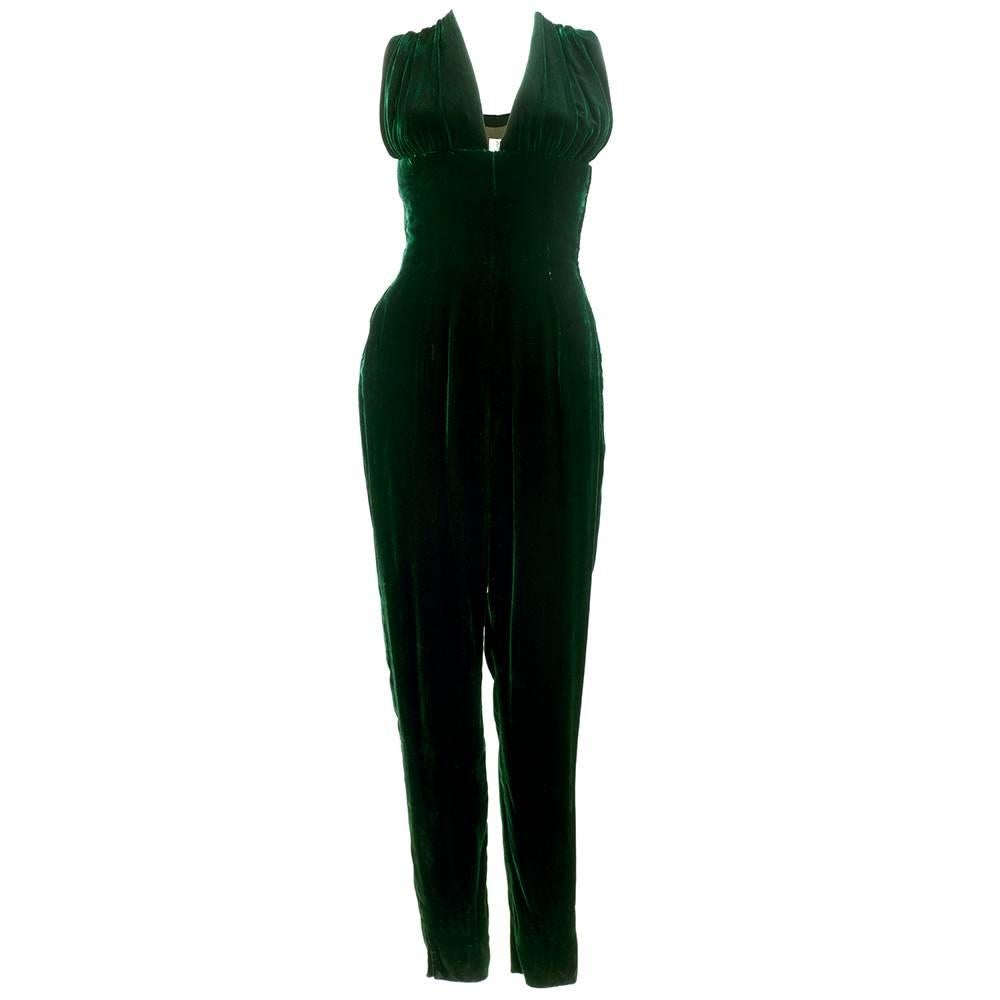 50s Giovannelli Sciarra Couture Green Velvet Evening Jumpsuit Ensemble In Excellent Condition For Sale In Los Angeles, CA