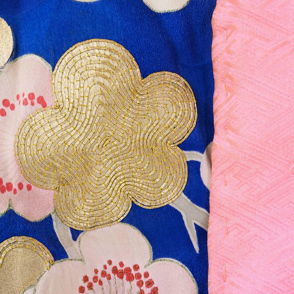 1930s Stunning Blue Jacquard Hand Painted Kimono with Metallic Embroidery 1
