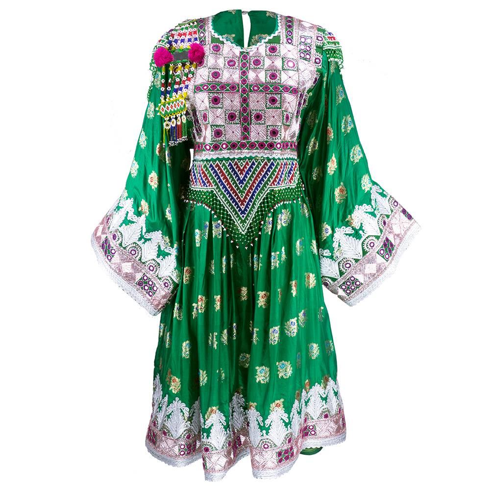 Traditional Afghani Dress In Emerald Green with  Intricate Beadwork For Sale