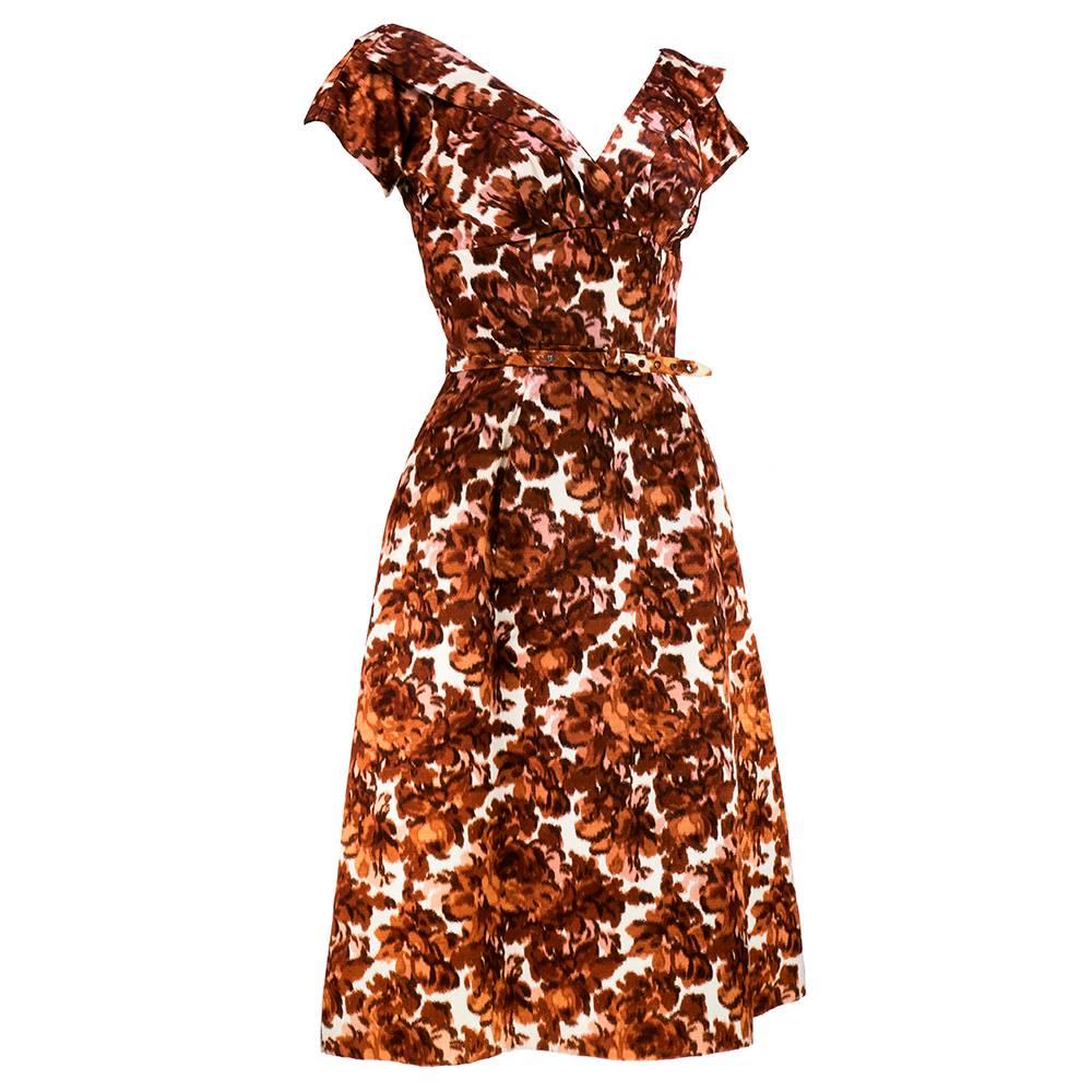 50s/60s Sophie of Saks Brown  Floral Afternoon Dress with Mink Lined Jacket. Silk faille with warped floral pattern in tones of brown and tan. Dress fully lined with some shattering to underskirt. Can be fully restored or removed if desired. Fit and