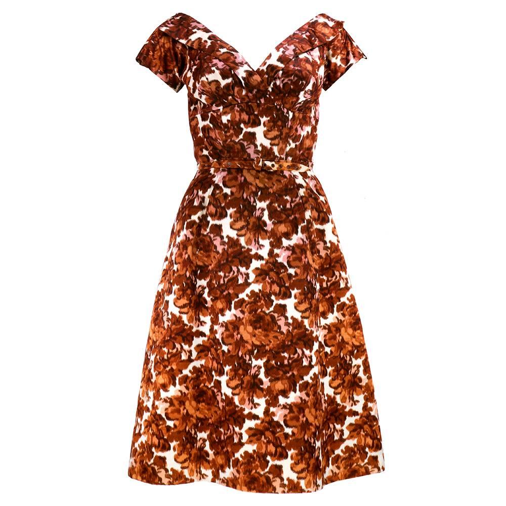 Women's 50s/60s Sophie of Saks Brown Warped Floral Afternoon Dress w/Mink Lined Jacket For Sale