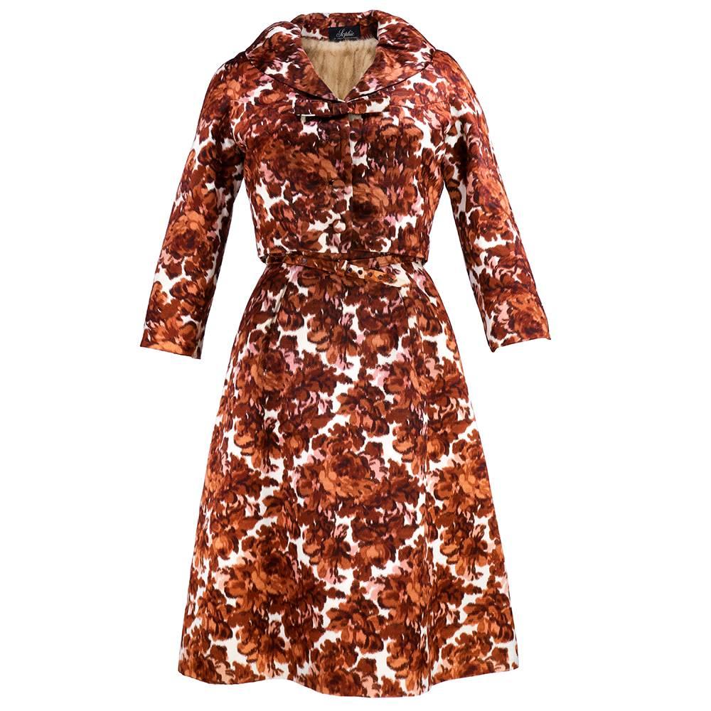 50s/60s Sophie of Saks Brown Warped Floral Afternoon Dress w/Mink Lined Jacket For Sale