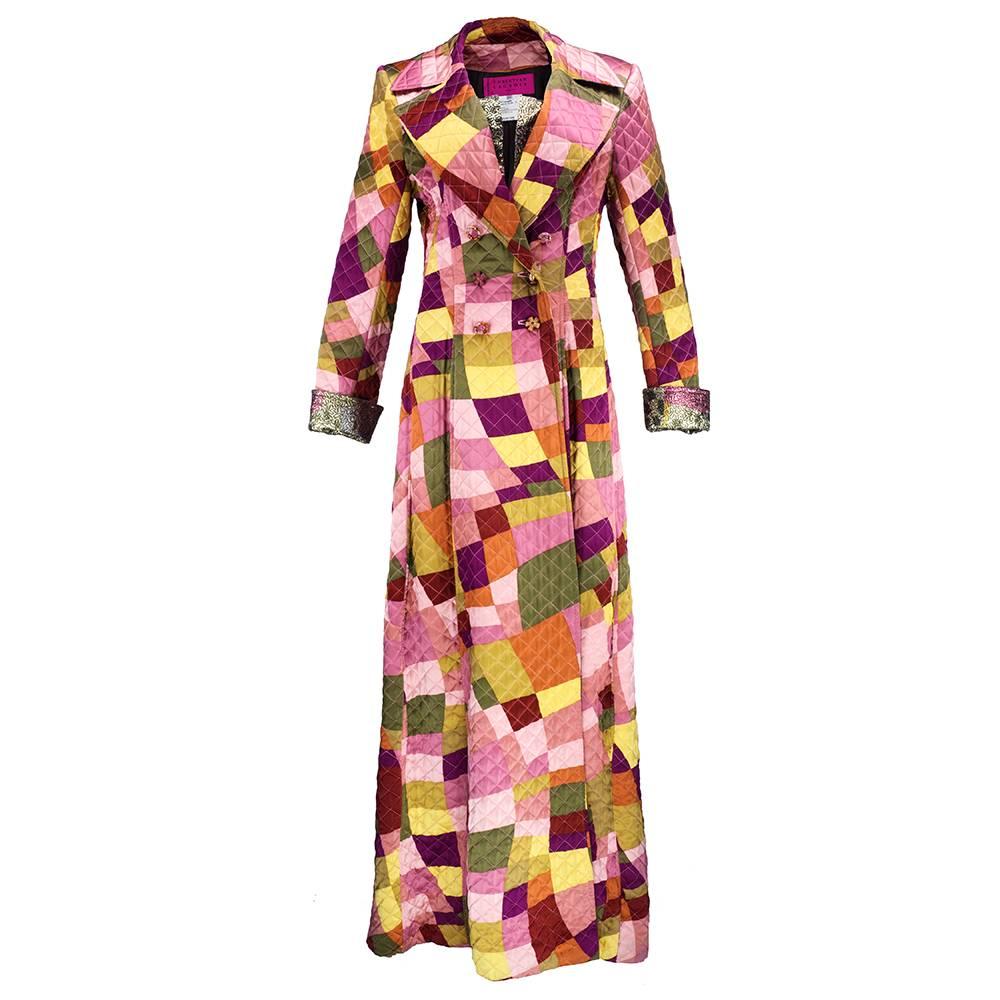 90s Christian Lacroix Quilted Faux Patchwork Pattern Satin Maxi Coat 