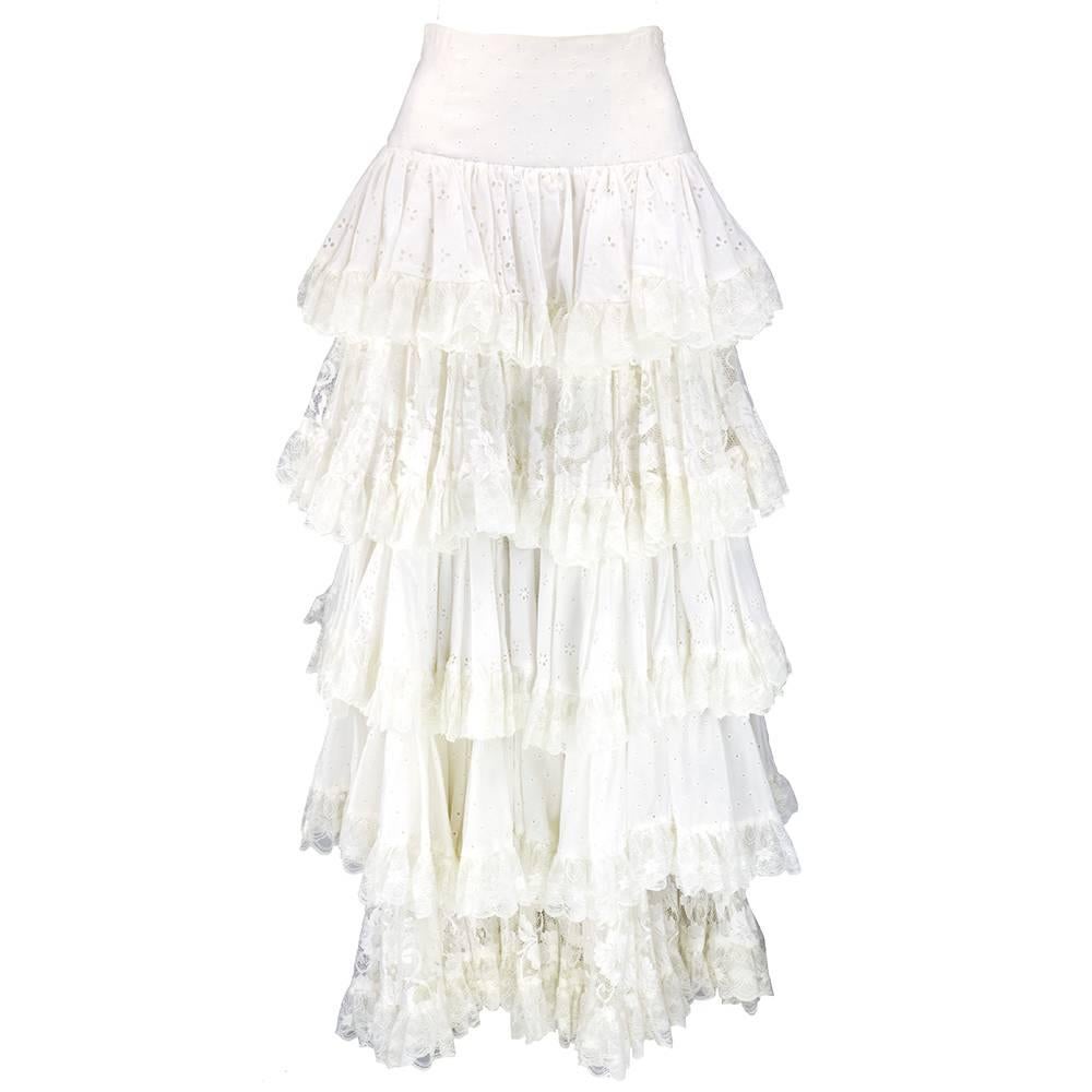 90s Dolce and Gabbana White Eyelet Tiered Full Length Skirt For Sale