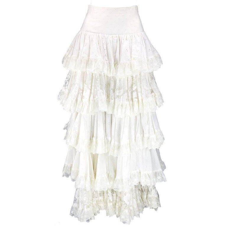 90s Dolce and Gabbana White Eyelet Tiered Full Length Skirt For Sale at ...