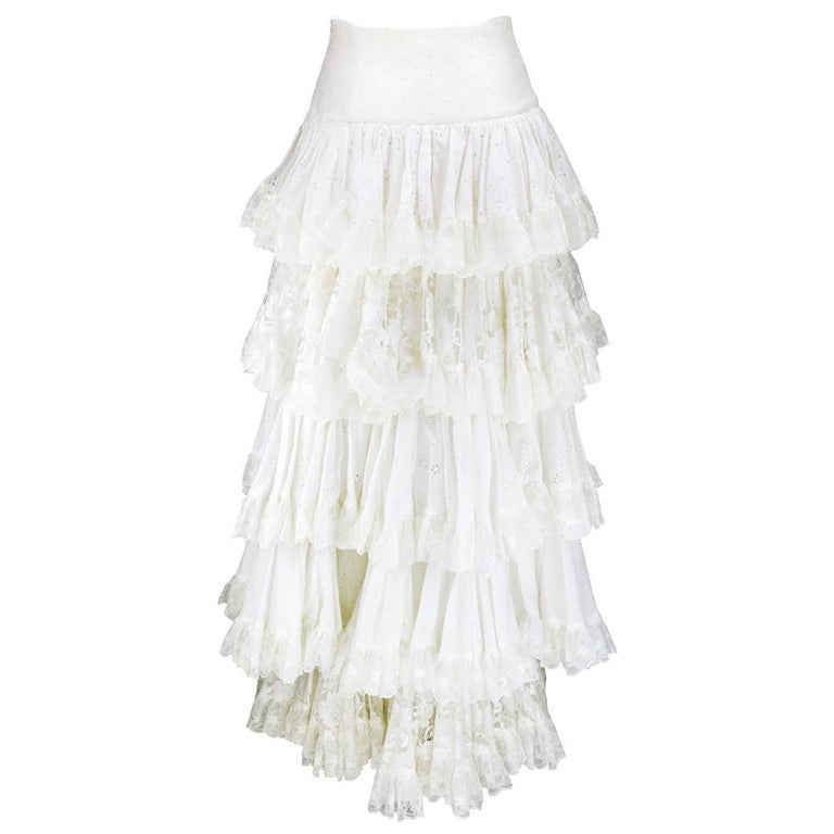 90s Dolce and Gabbana White Eyelet Tiered Full Length Skirt For Sale at ...