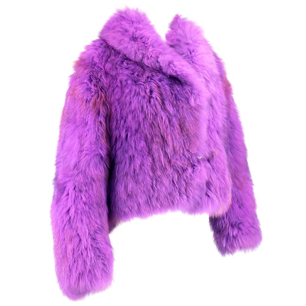 Disco style purple fox fur jacket  - chubbie style. Woven onto crochet base. Foldover collar with single button closure  Lightweight and oh so fluffy.  Image is more lavender or smoky purple.