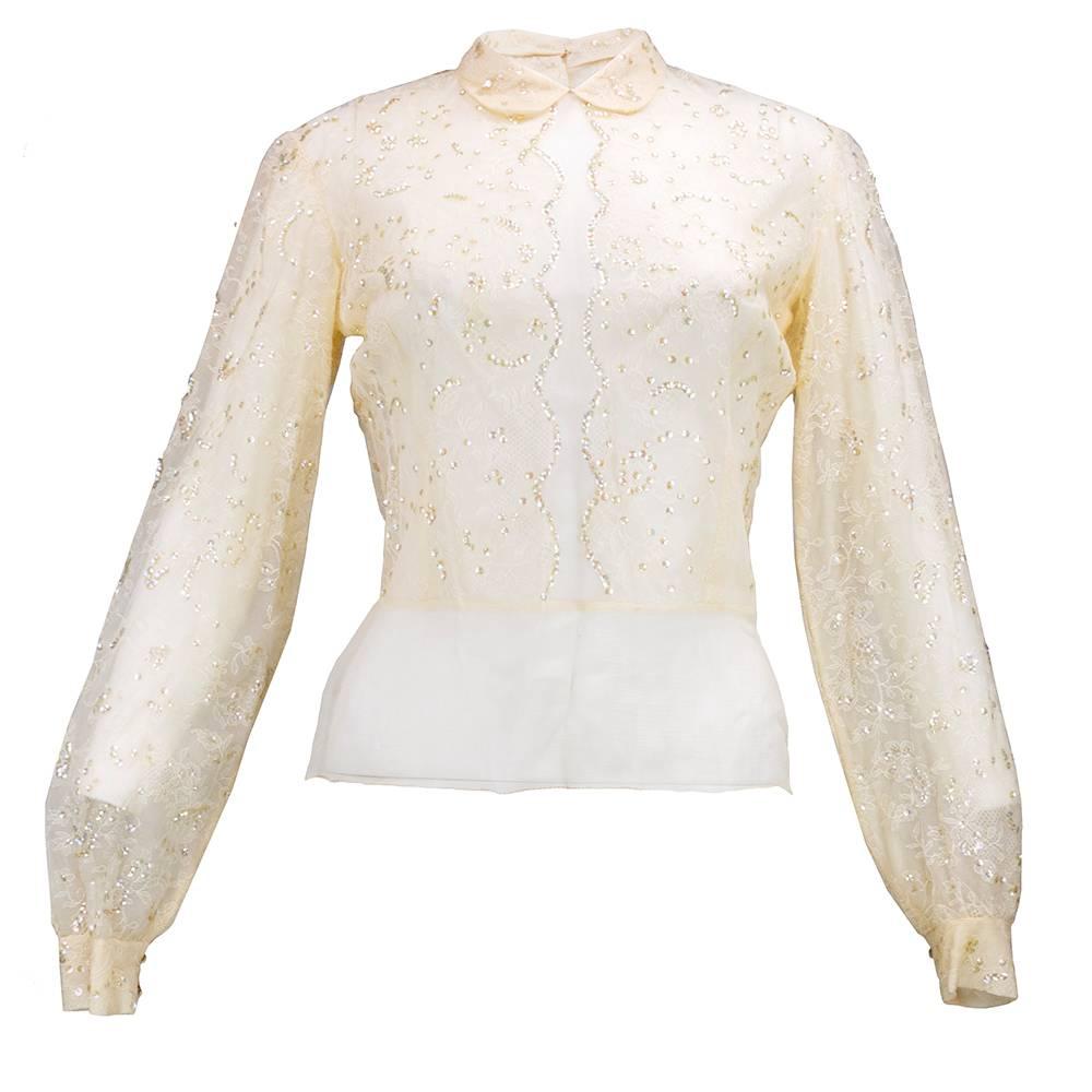 30s Couture Viallard Ivory Chiffon and Lace Blouse For Sale