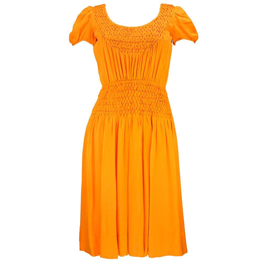 70s Christian Dior-New York Orange Silk Peasant Dress  For Sale
