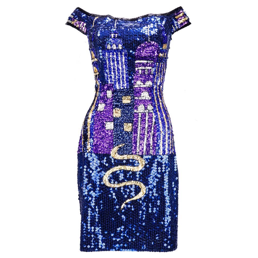 90s Diane Freis Vibrant Sequin Body Con Cocktail Dress For Sale